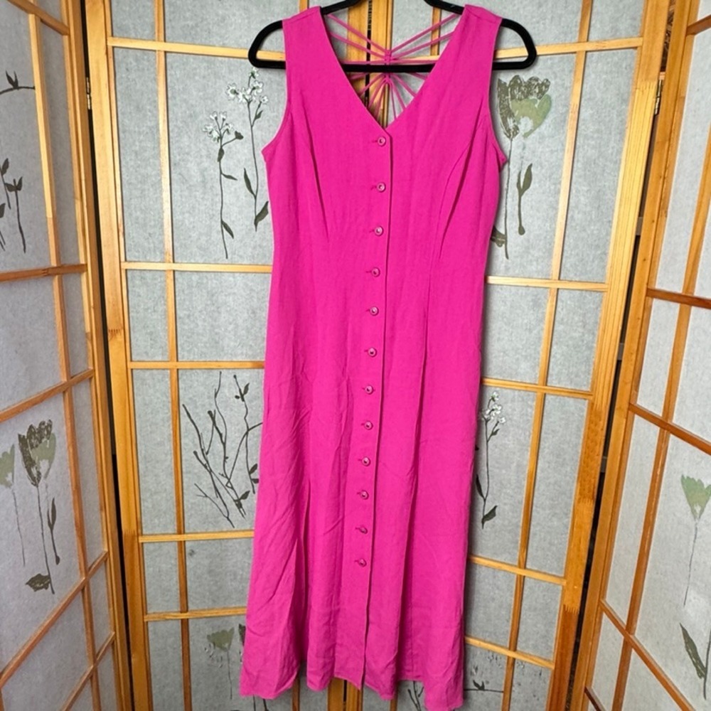 Scarlett Vintage Hot Pink Button Front Midi Dress Strappy Cage Back 6P USA Made